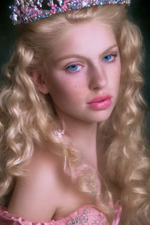 Prompt: close up headshot of a princess with long blonde hair and light blue eyes wearing a strapless elaborately beaded pink dress, high resolution film still, 8k, HDR color, film by Simon Langton and David Frankel, triangular face, very light freckles, round narrow chin, straight jawline, natural lips, high cheekbones, beautiful gazing eyes