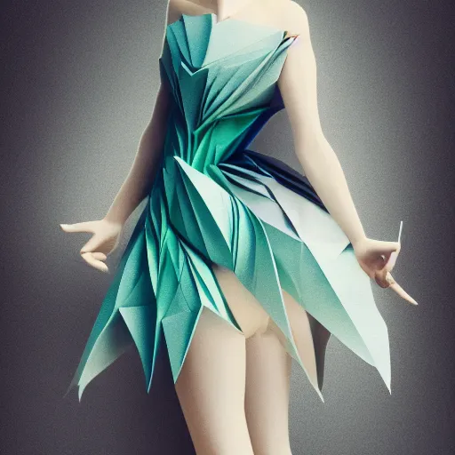 Image similar to 3 / 4 view of a beautiful girl wearing an origami dress, eye - level medium shot, hummingbirds, elegant, by eiko ishioka, givenchy, edgar degas, by peter mohrbacher, centered, fresh colors, origami, fashion, detailed illustration, vogue, high depth of field, japanese, reallusion character creator