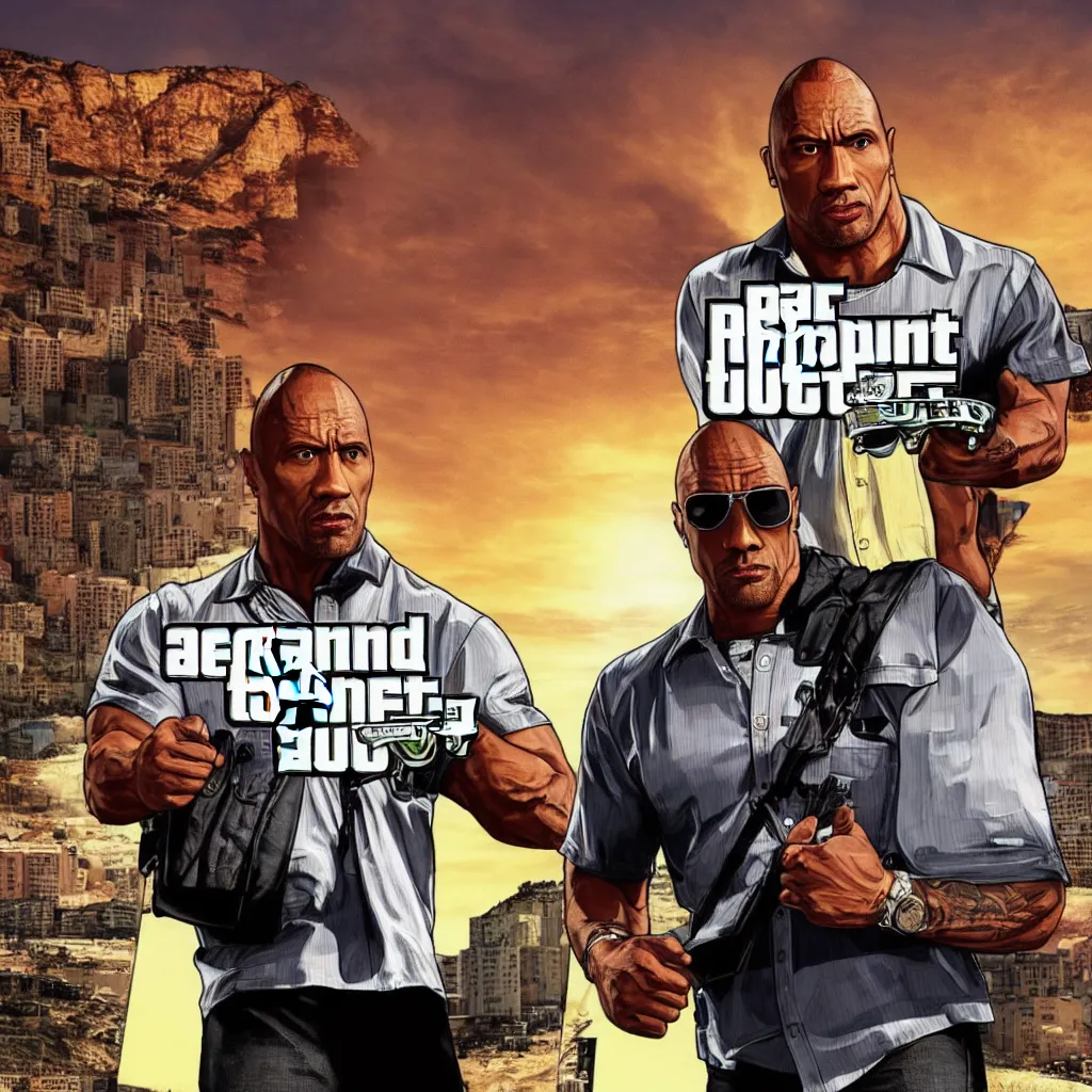 Prompt: The Rock as a GTA V Loading Screen cover