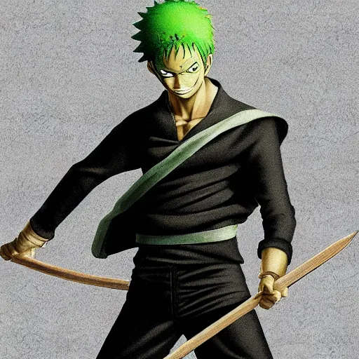 Prompt: photorealistic zoro from one piece using 3 bananas instead of swords