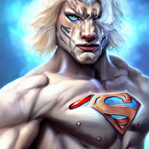 Image similar to a esthetic portrait commission of a muscular antrho albino tiger wearing the superman outfit,hyperdetailed face,character design by charlie bowater,ross tran,artgerm,makoto shibkai,photorealistic,western comic book art,film poster,deviantart,artstation