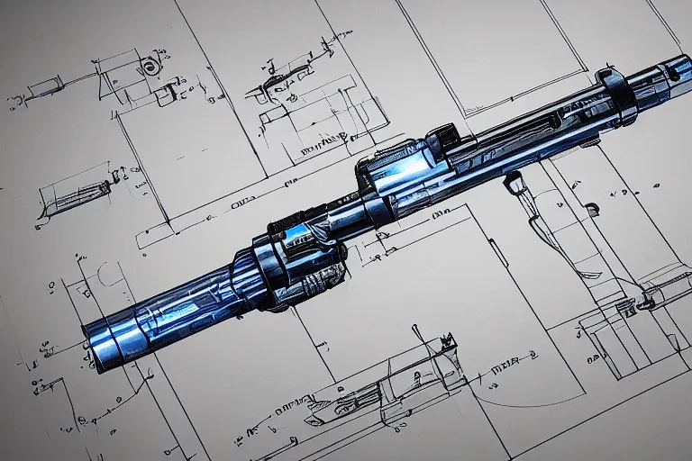 Image similar to blueprint of a laser space gun, technical drawing, concept art, centered with clear border