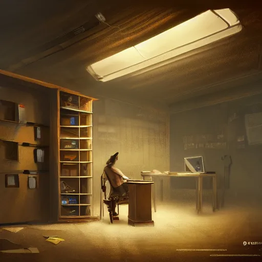 Prompt: a disorderly ticket office, with a desk with locked drawers and a open cabinet, concept art, trending on artstation, wlop, ross draws, digital painting, mixed media, intricate details, volumetric lighting