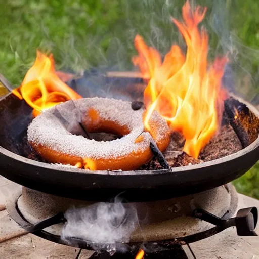 Image similar to a cat cooking a donut in a fire pit