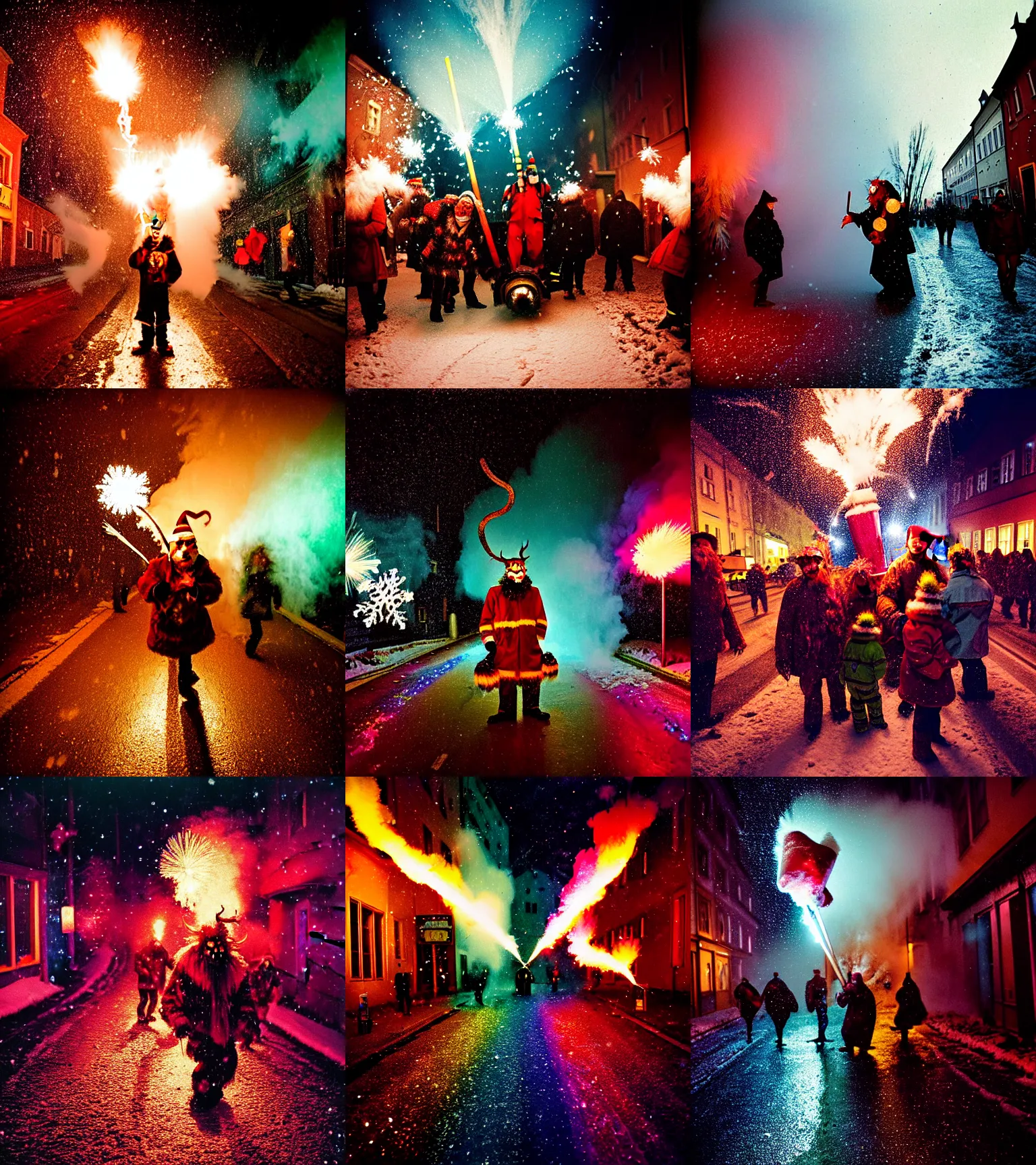 Image similar to kodak portra 4 0 0, wetplate, winter, snowflakes, rainbow coloured rockets, chaos, glitter tornados, award winning dynamic photo of a bunch of hazardous krampus between exploding fire barrels by robert capas, motion blur, in a narrow lane in salzburg at night with colourful pyro fireworks and torches, teal lights