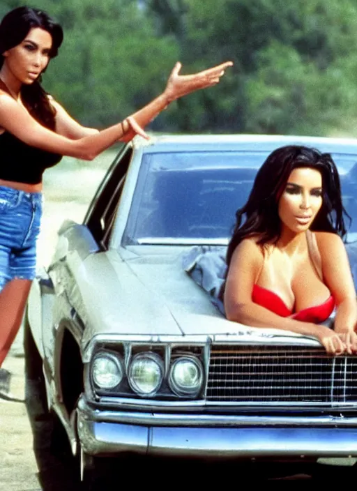 Image similar to movie still of kim kardashian as daisy duke in the movie the dukes of hazzard