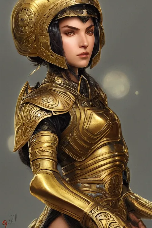 Image similar to attractive young female, ornate metallic helmet, battle armor, olive skin, long dark hair, beautiful bone structure, intricate, elegant, highly detailed, digital painting, artstation, concept art, smooth, sharp focus, illustration, art by artgerm and greg rutkowski and alphonse mucha