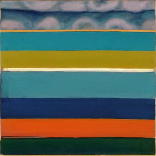 Image similar to In this mixed mediart, the artist has used a simple palette of colors to create a feeling of calm and serenity. The soft hues of blue and green are reminiscent of a cloudy sky, while the orange and yellow suggest the warm glow of the sun. The vertical stripes of color are divided by thin lines of black, which give the impression of deep space. The overall effect is one of peacefulness and balance. pale by Henry Justice Ford, by Mordecai Ardon natural