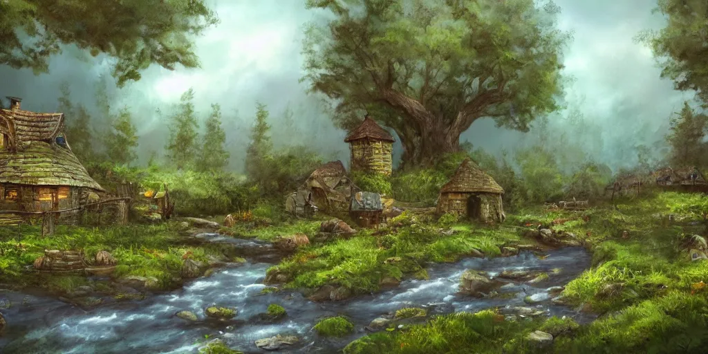 Image similar to a small surreal serene fantasy village on the edge of the woods, small stream, water wheel, by bob ross, lord of the rings, smooth, detailed terrain, oil painting, matte painting, concept art, trending on artstation