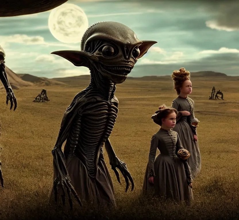 Image similar to sharp, highly detailed, film from a 2 0 1 9 sci fi 8 k movie, set in 1 8 6 0, a human family riding on the back of small cute alien creatures, across an alien landscape, wearing 1 8 6 0 s clothes, atmospheric lighting, in focus, reflective eyes, 3 5 mm macro lens, live action, nice composition