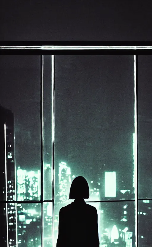 Image similar to vertical movie frame, silhouette of a girl in 7 0's retro club, editorial, fashion, neon - decorated urban on night in the city seen through the window, modern architecture design, vintage, night, blade runner, dark, clean lines, asian futuristic city at distance, big windows, octane, wide angle