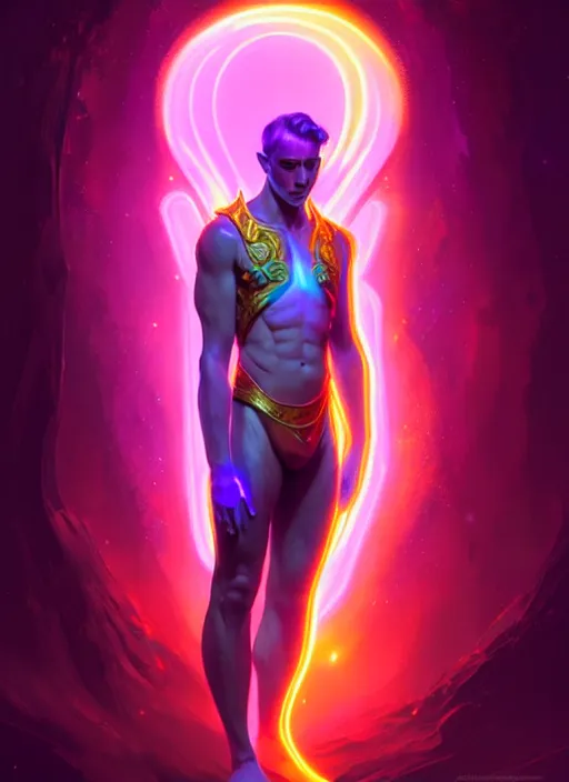 Image similar to a male faceless glowing liquefied stardust adventurer, dnd fantasy character, full body portrait, glowing neon skin, magical aura, ultra realistic, intricate, elegant, highly detailed, digital painting, artstation, smooth, sharp, focus, illustration, art by artgerm and greg rutkowski and alphonse mucha