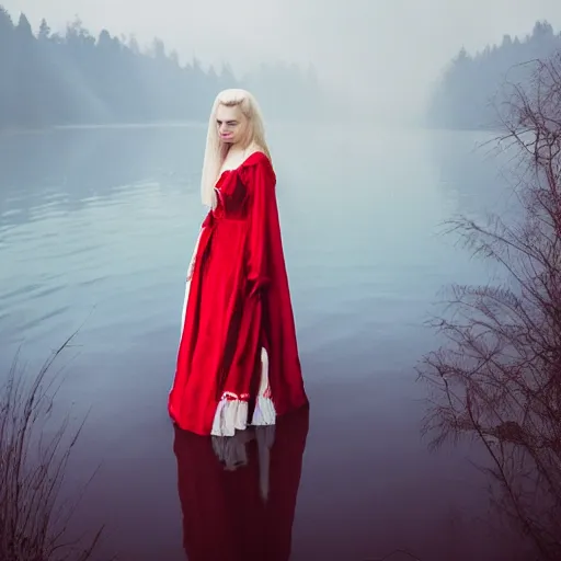 Image similar to a stunning painting of a beautiful lady with white long hair and dressed with a red victorian cloak, standing in a lake, mist, morning light, dreamy atmosphere, cinematic