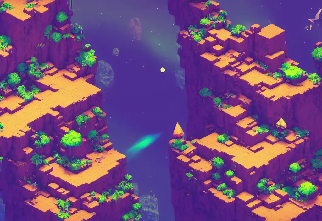 Image similar to isometric magicavoxel bottom of a canyon no mans sky cinematic lighting, 4k