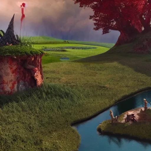 Image similar to BEAUTIFUL LANDSCAPE WITH LAKES MADE OUT OF BLOOD, REALISM, HELL, 8K, SHREK CONSUMES BONES, 100K, UNREALESED SHREK MOVIE, 8K