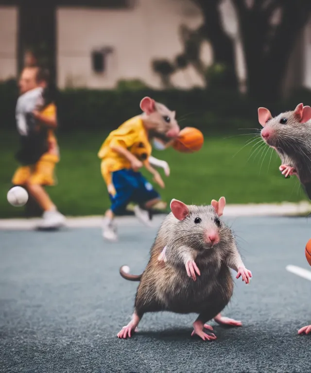 Image similar to high quality presentation photo of cute anthropomorphic rats playing basketball with cheese, photography 4k f1.8 anamorphic bokeh 4k Canon Nikon