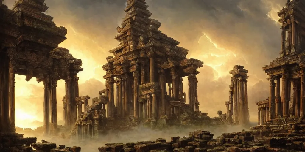 Image similar to beautiful hyperrealistic spectacular painting of the mysterious intricate ruins of the mysterious ancient temple, an advanced technology timemachine with a green - glowing - crystal from the future is inside the temple, by hubert robert and lee madwick and bastien lecouffe - deharme, dramatic sunset lighting, advanced technology