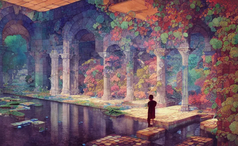 Image similar to tiled room squared waterway, aqueducts, fantasy. intricate, amazing composition, colorful watercolor, by ruan jia, by maxfield parrish, by marc simonetti, by hikari shimoda, by robert hubert, by zhang kechun, illustration, gloomy