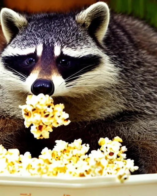 Image similar to an obese raccoon lays on it's back while watching tv from a green leather recliner, the raccoon is lazily eating from a pile of popcorn on it's belly