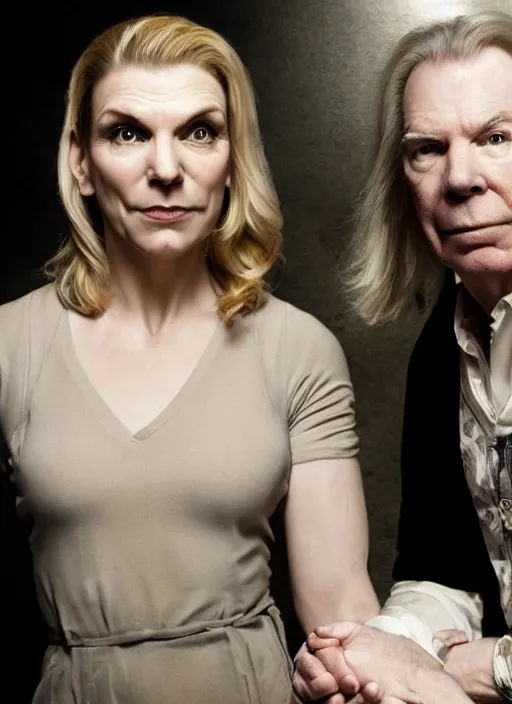 Image similar to portrait of michael mckean and rhea seehorn, baroque portrait, realistic, serious, dark backround