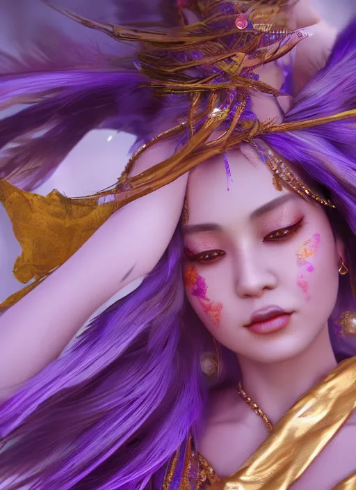 Image similar to closeup photoshoot of a asian goddess of bliss and honey, purple feathers hair, silk flowing in wind, totemic, ritualistic, tarot sigils embedded in ruby skin, photoreal, unreal engine, redshift render, trending on artstation