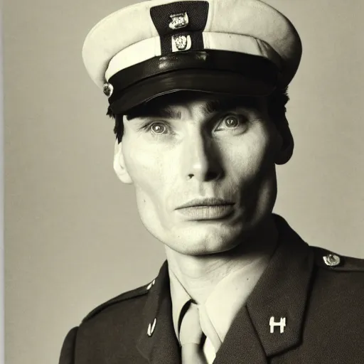 Image similar to cillian murphy in a world war ii uniform, black and white film photography, realistic face, cabinet card, 2 5 mm lens, cinematography by chris nolan