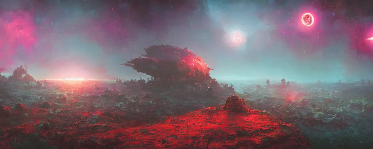 Image similar to ” outer planet landscape, [ cinematic, detailed, epic, widescreen, opening, establishing, mattepainting, photorealistic, realistic textures, octane render, art by paul lehr ] ”