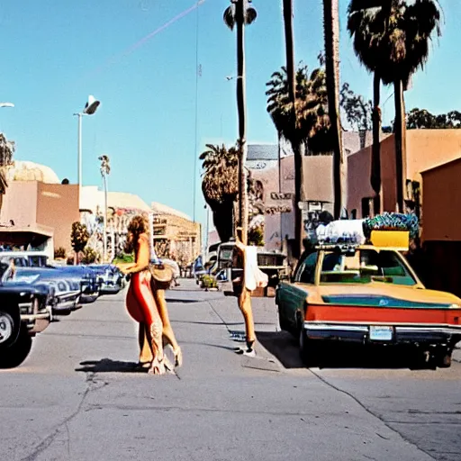 Prompt: a street in los angeles with 2 kissing hippy's in 1 9 7 0. 7 0's color 4 k