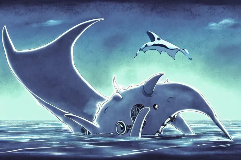 Image similar to cell shaded cartoon of a giant lovecraftian mechanized grey manta ray from howl's moving castle ( 2 0 0 4 ), in an icy river, full body, wide shot, very muted colors, post grunge, studio ghibli, highly detailed, deviantart, art by artgem