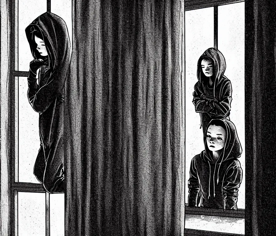 Image similar to sadie sink in hoodie sits on windowsill, knees tucked in | rain falls at night : storyboard, scifi cyberpunk. by joe alves, gabriel hardman, chris bonura. cinematic atmosphere, detailed and intricate, perfect anatomy