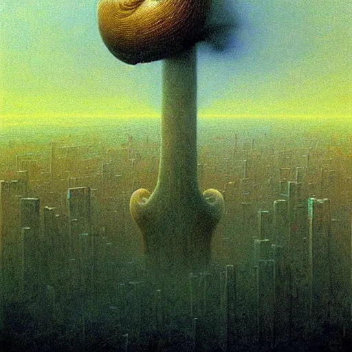 Prompt: a giant holy snail stands over a city painting by beksinski, barlowe colors. masterpiece painting