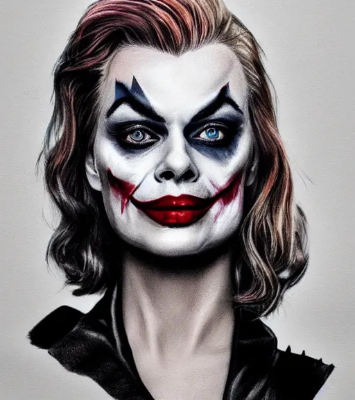 Image similar to margot robbie with joker makeup, pencil drawing, realistic face, beautiful eyes, smiling, hyper realistic, highly detailed