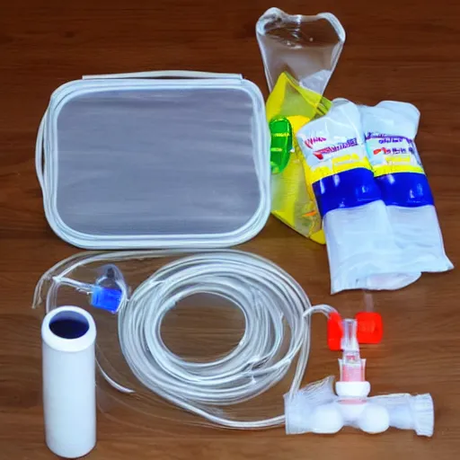 Image similar to musical instrument made out of clear tubing, syringes, urine collection bag, iv pole, fluid bag, nebulizer equipment