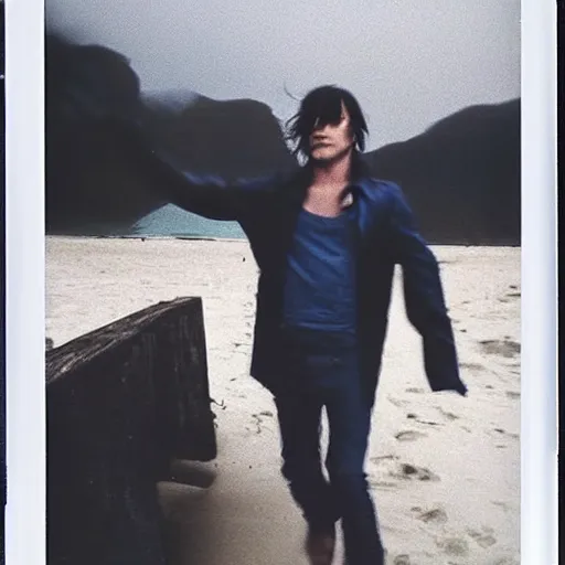 Image similar to 9 0 s polaroid photograph of norman reedus wearing a trenchcoat at night, dancing on a beach during cloudy weather, vignette