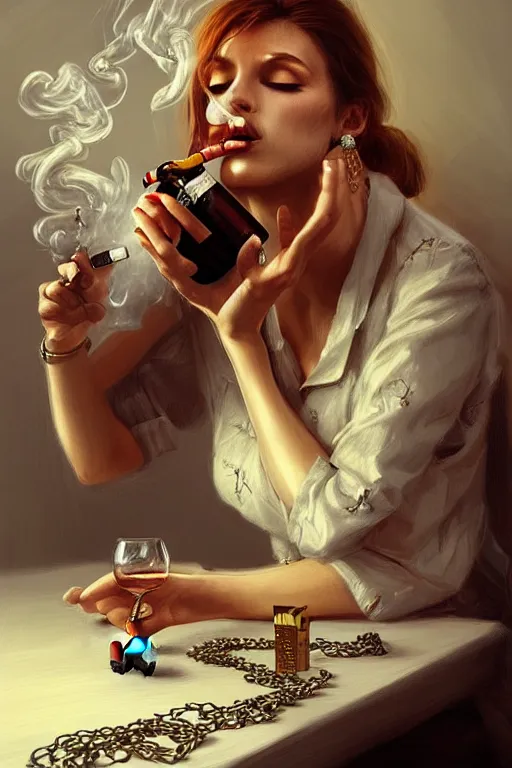 Image similar to beutifull and very tired womanlooking pile smoking a winebottle, drugs, cigarrette boxes at the table, fantasy, intricate, elegant, highly detailed, digital painting, artstation, concept art, addiction, chains, smooth, sharp focus, illustration, art by Ilja Repin