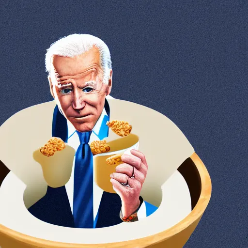 Image similar to Joe Biden is emerging from a bowl of cereal, Extremely realistic photo, trending art station