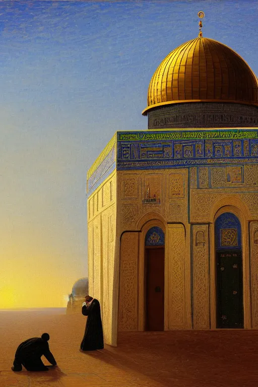 Prompt: a beautiful illustration of dome of the rock jerusalem and f a muslim is praying in front of it, impasto paint in the style of martin johnson heade and h. r. giger