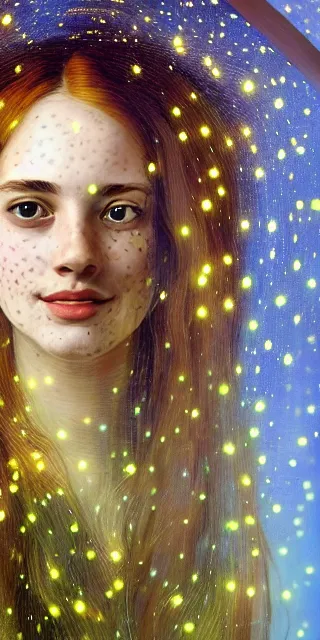 Image similar to a totally enraptured smiling young woman surrounded by golden firefly lights in a mesmerizing scene, sitting amidst nature fully covered, intricate detailed dress, long loose red hair, precise linework, accurate green eyes, small nose with freckles, smooth oval head, expressive emotions, hyper realistic ultrafine portrait by artemisia gentileschi, jessica rossier, artgerm