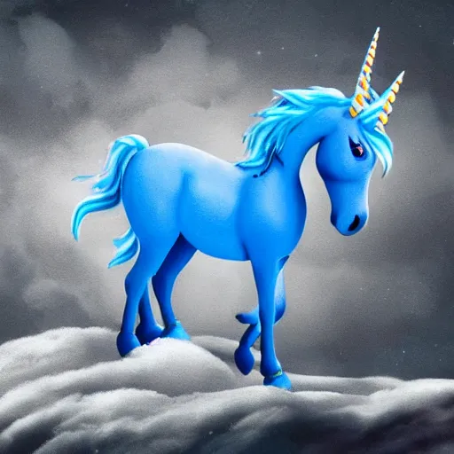 Image similar to A lonely blue unicorn-pegasus sits on the moon's surface, sitting on piles of moon dust with a sad look on her face