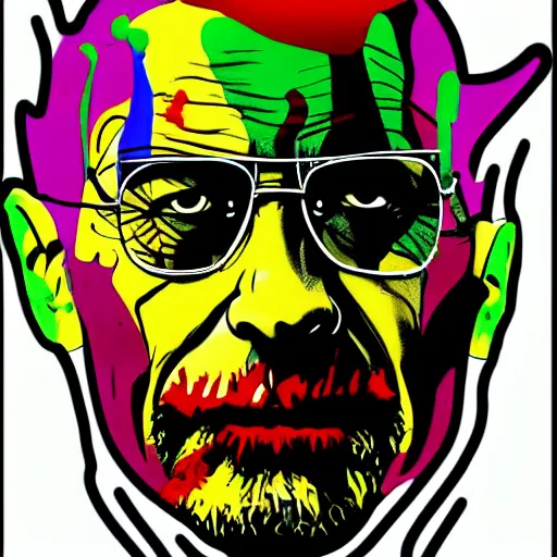 Image similar to die cut sticker, walter white wearing the joker outfit, splatter paint