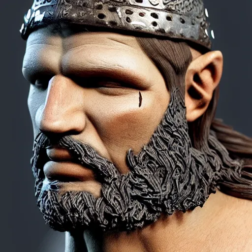 Image similar to of a 3d clay model of a viking from valhalla, wearing the horned helmet ultra fine detail, hair strands, ultra high resolution, fine texture detail, miniature painting techniques, perfect proportions, marvel cinematic universe, eric bana