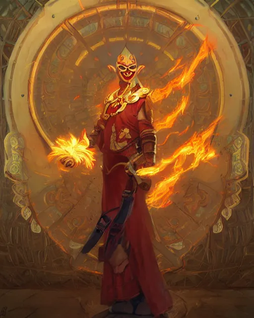 Image similar to happy mask salesman!! from zelda, full body photo, flames everywhere, highly detailed, digital painting, artstation, concept art, smooth, sharp focus, illustration, art by artgerm and greg rutkowski and alphonse mucha