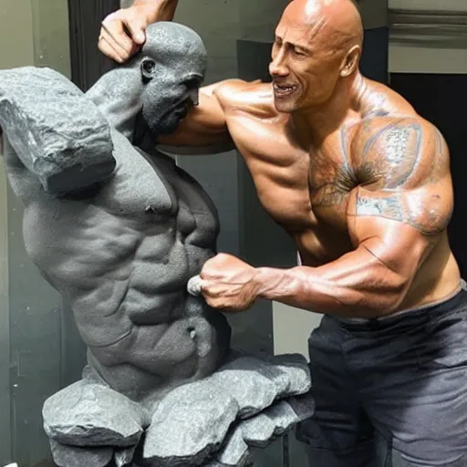 Image similar to Photo of Dwayne Johnson sculpting an statue of Dwayne Johnson made of rock