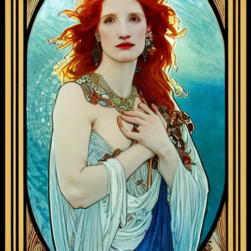 Prompt: jessica chastain portrait by louis - theophile hingre and alphonse mucha, realistic, sharp focus, zodiac signs, tarot cards, planets, ethereal, art nouveau, magic, moon, sun, crown, dreamy, royal, jewellery