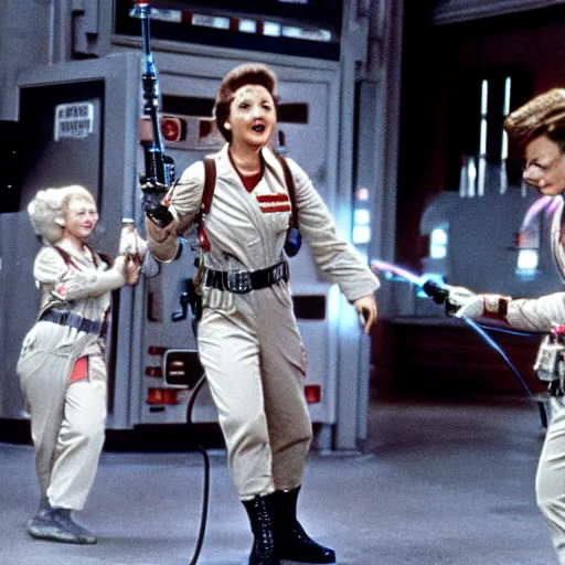 Image similar to stunning awe inspiring betty white as a ghostbuster in the movie ghostbusters, movie still 8 k hdr atmospheric lighting