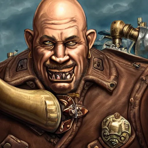 Prompt: portrait of a muscular, bald orc mechanic, wearing a heavy brown leather coat, wielding a wrench, tusks, steampunk setting, gears, airship, Warcraft character, dramatic lighting, high detail, digital art