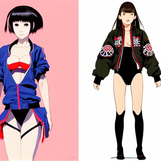 Image similar to a beautiful japanese natalie portman gravure model, wearing oversized native designer bomber jacket and leotard, bulky poofy bomber jacket with mesoamerican patterns, mesoamerican native street fashion, gapmoe yandere grimdark, trending on pixiv fanbox, painted by greg rutkowski makoto shinkai takashi takeuchi studio ghibli, akihiko yoshida