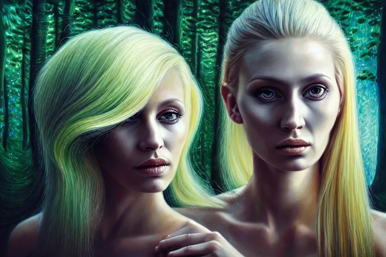 Image similar to realistic detailed portrait painting of a beautiful ghost woman with blond hair with an alien, futuristic sci-fi forest on background