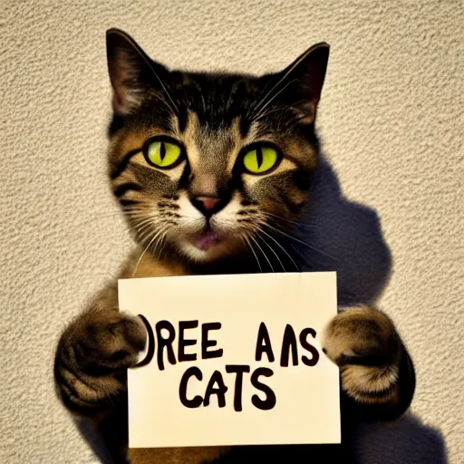 Prompt: realistic high quality photo of a cute cat holding a sign with text that reads : dream caaats, cats, cas, cas