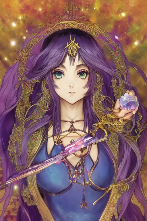 Image similar to psychedelic, intricate, highly detailed, anime, 4k, beautiful seductive lucina from fire emblem holding a crystal containing the universe, with professional makeup, long trippy hair, surrounded by gems, underneath the stars, trending on patreon, deviantart, twitter, artstation, volumetric lighting, heavy contrast, by artgerm and Ilya Kuvshinov and alphonse mucha